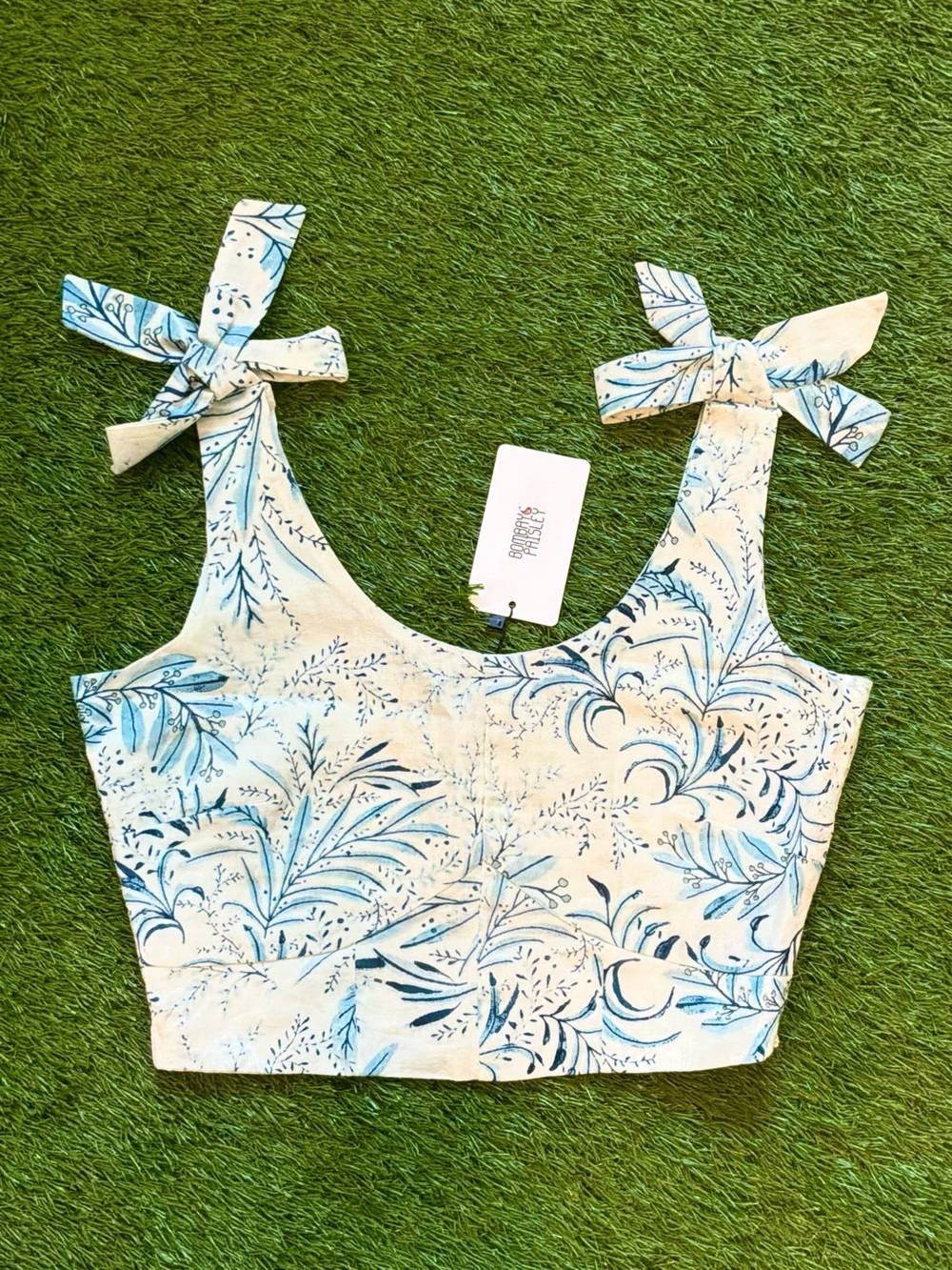 Bombay Paisley Blue White Floral Tie Strap Crop Top NWT XS